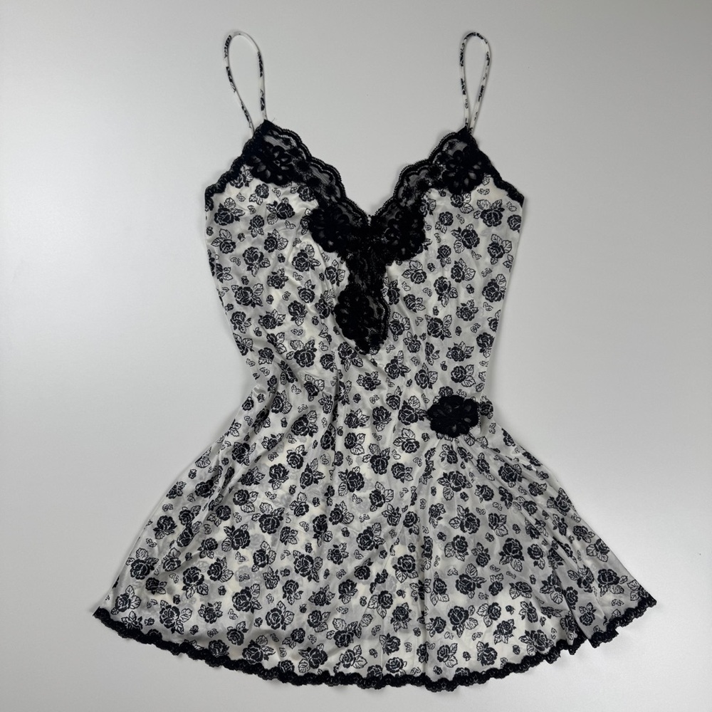 Vanity Fair Vintage Y2K Satin Floral Lace Babydoll Cami Micro Mini Slip Dress